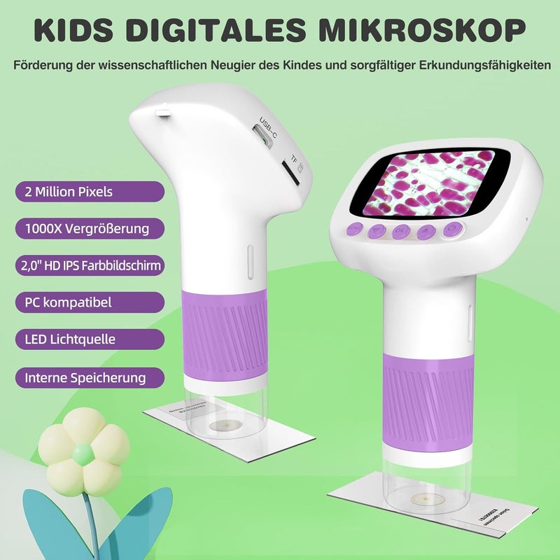 Cobest Pocket Kids Microscope for Over 3 Years Old, 1000X Handheld Microscope for Kids w/2''IPS Digital, Photo Video Mini Portable Microscopes, Science Edu Digiscope, Idea for Kids - Image 2